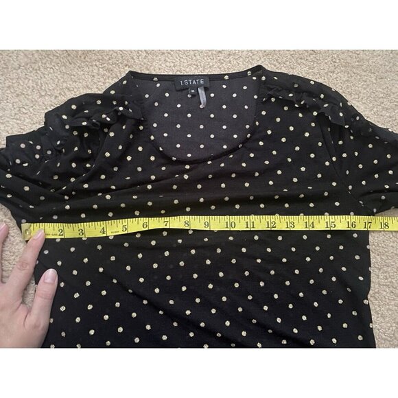 1.State Women's Black Gold Dot Sheer Long Sleeve Ruffle Seam Crewneck Top Size M - Picture 7 of 10